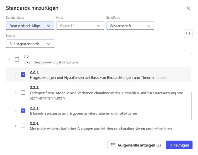 Bildungsstandards für Quiz auswählen