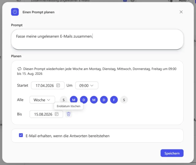 Optionen für geplante Prompts in M365 Copilot