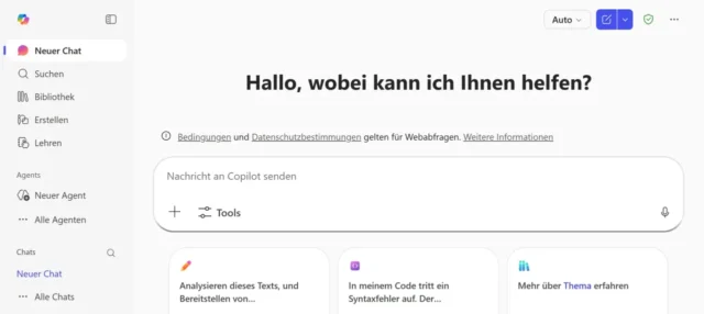 Startseite von Copilot Chat mit Eingabefeld und Menü