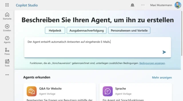 Eingabefeld auf der Startseite von Copilot Studio