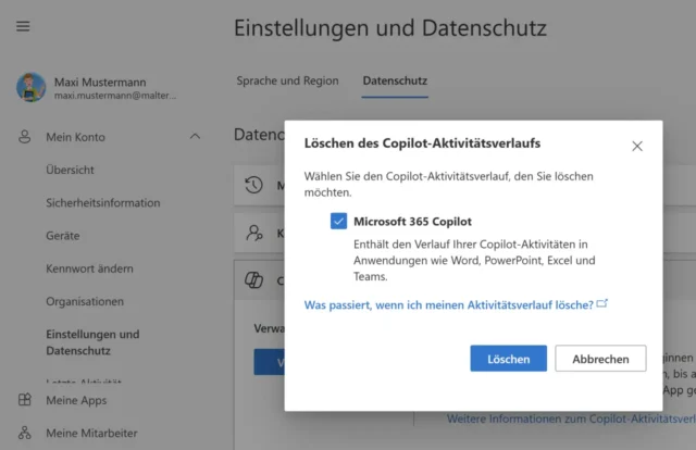 Aktivitätsverlauf löschen in Microsoft 365 Copilot