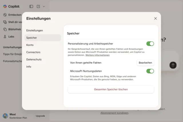 Einstellungen für Speicher in Microsoft Copilot
