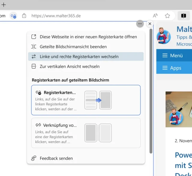 Optionen für geteilten Bildschirm in Microsoft Edge