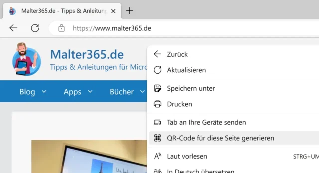 QR-Code generieren per Kontextmenü in Microsoft Edge