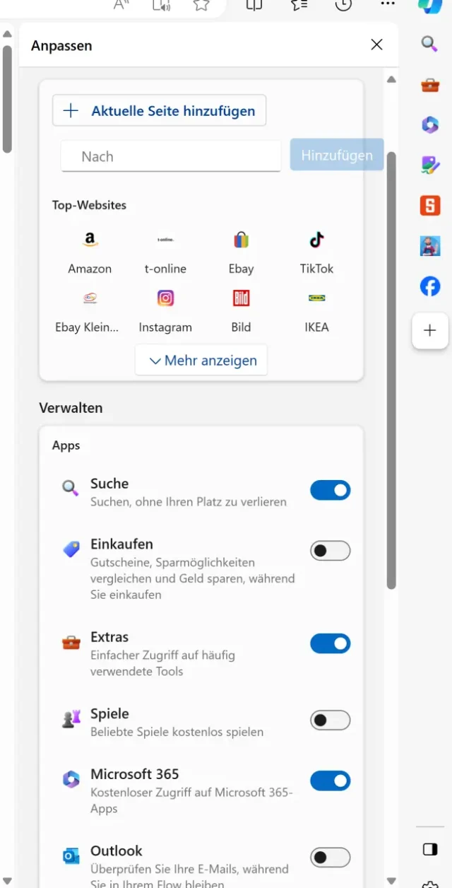 Randleiste anpassen in Microsoft Edge