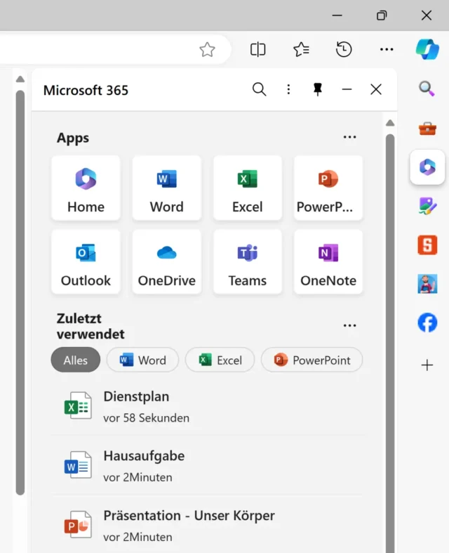 Microsoft Office in der Seitenleiste
