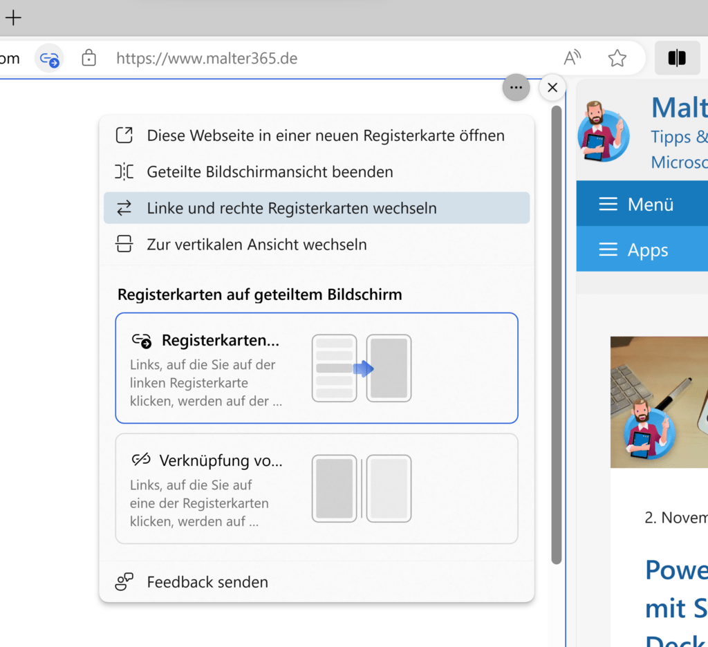 Optionen für geteilten Bildschirm in Microsoft Edge