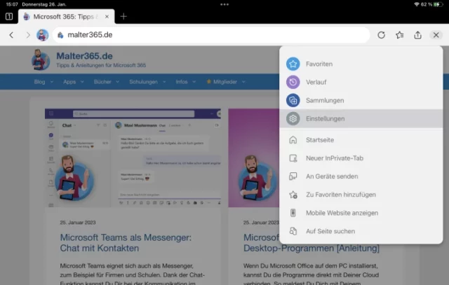 Einstellungen von Microsoft Edge auf dem iPad