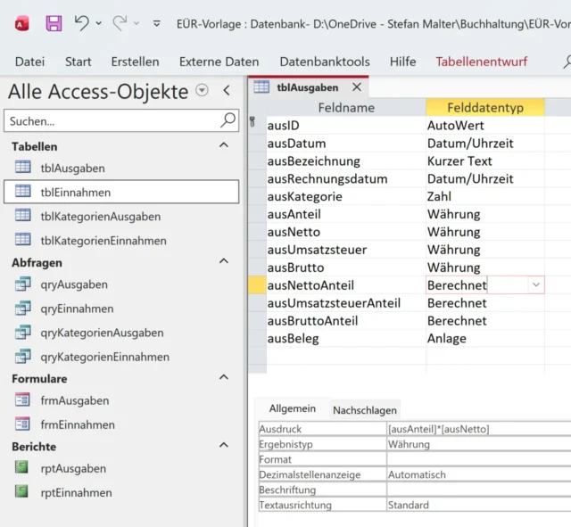 Aufbau meiner EÜR-Vorlage in Microsoft Access