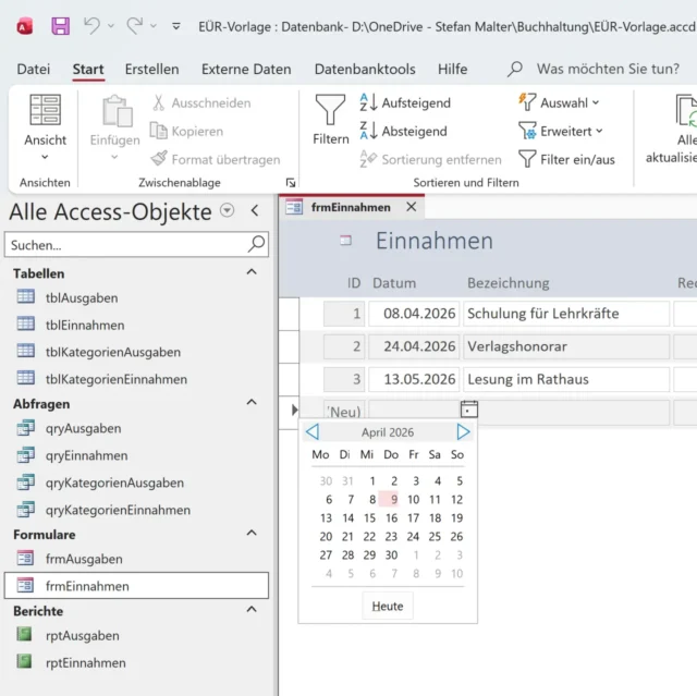 Einnahmen im Formular erfassen