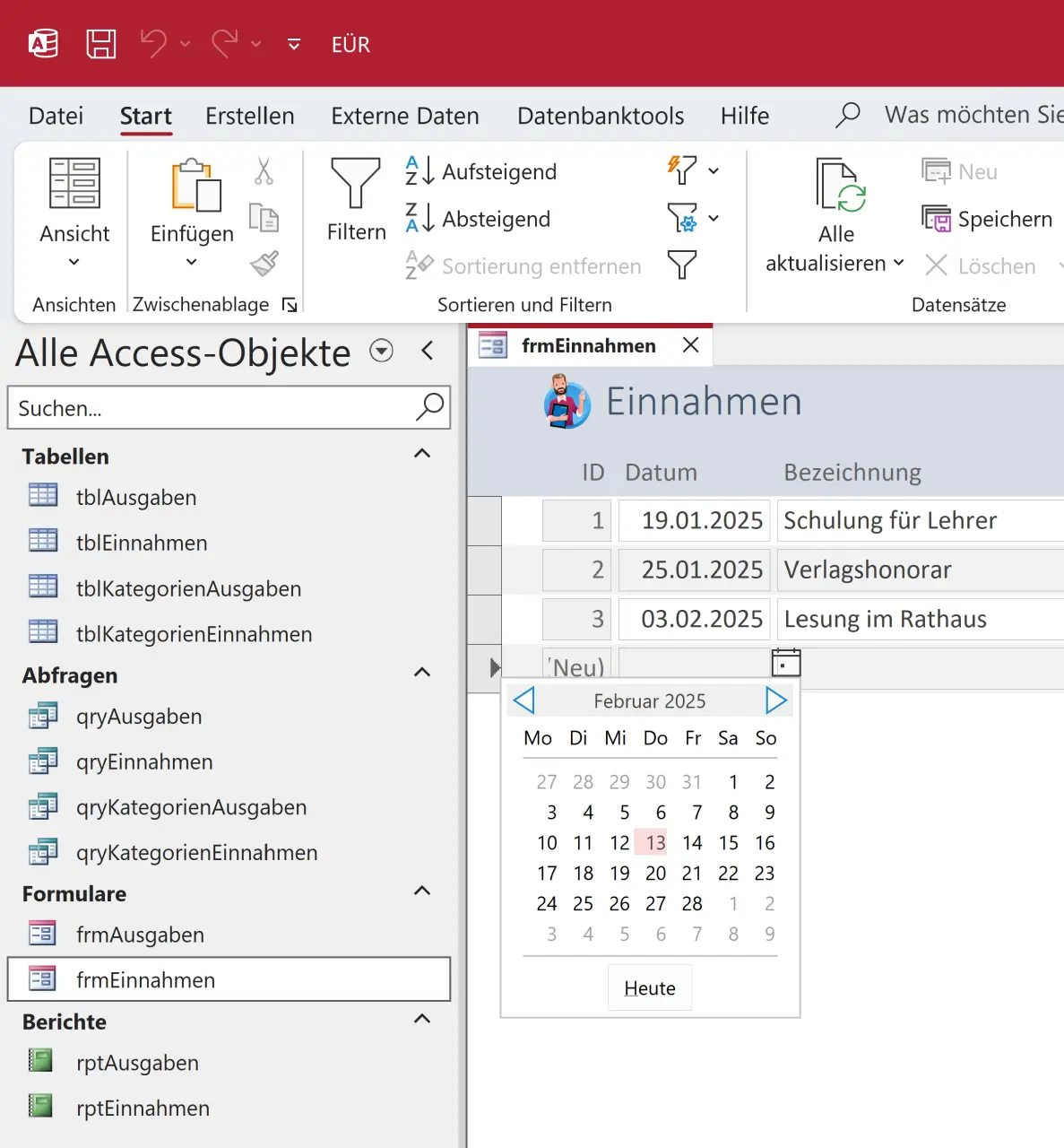 Einnahmen im Formular erfassen