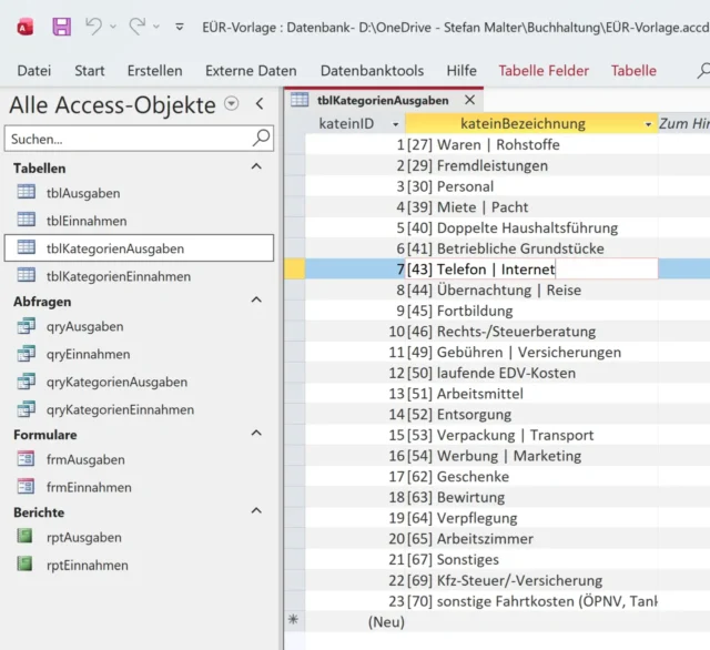 Kategorien in der EÜR-Vorlage anpassen
