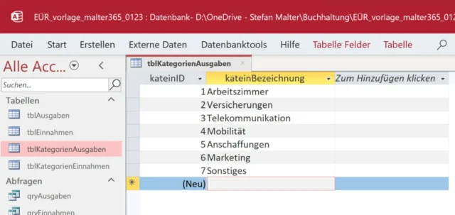 Kategorien in der EÜR-Vorlage anpassen