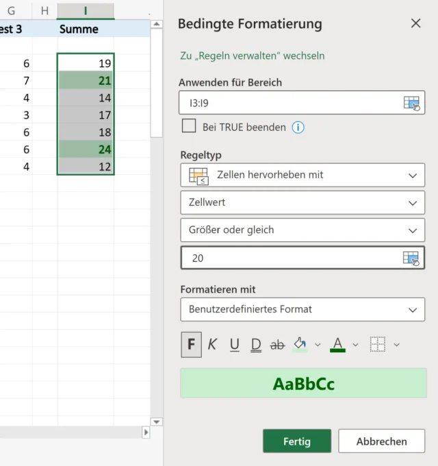 Parameter für die Bedingte Formatierung in Excel Online