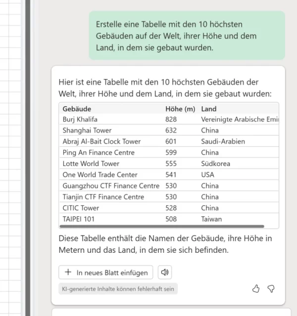 Ergebnis von Copilot in neues Blatt einfügen