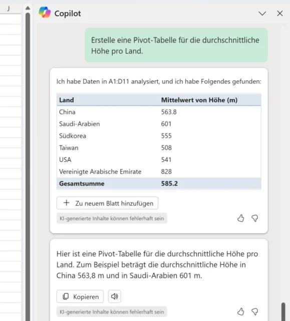 Pivot-Tabelle mit Copilot generieren