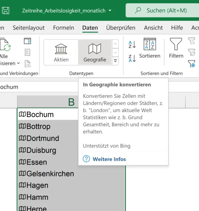 In Geographie konvertieren – Funktion in Excel