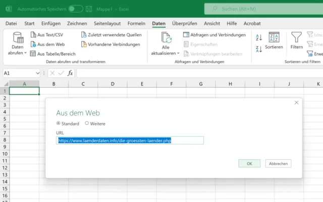 URL für Daten aus dem Web in Excel einfügen
