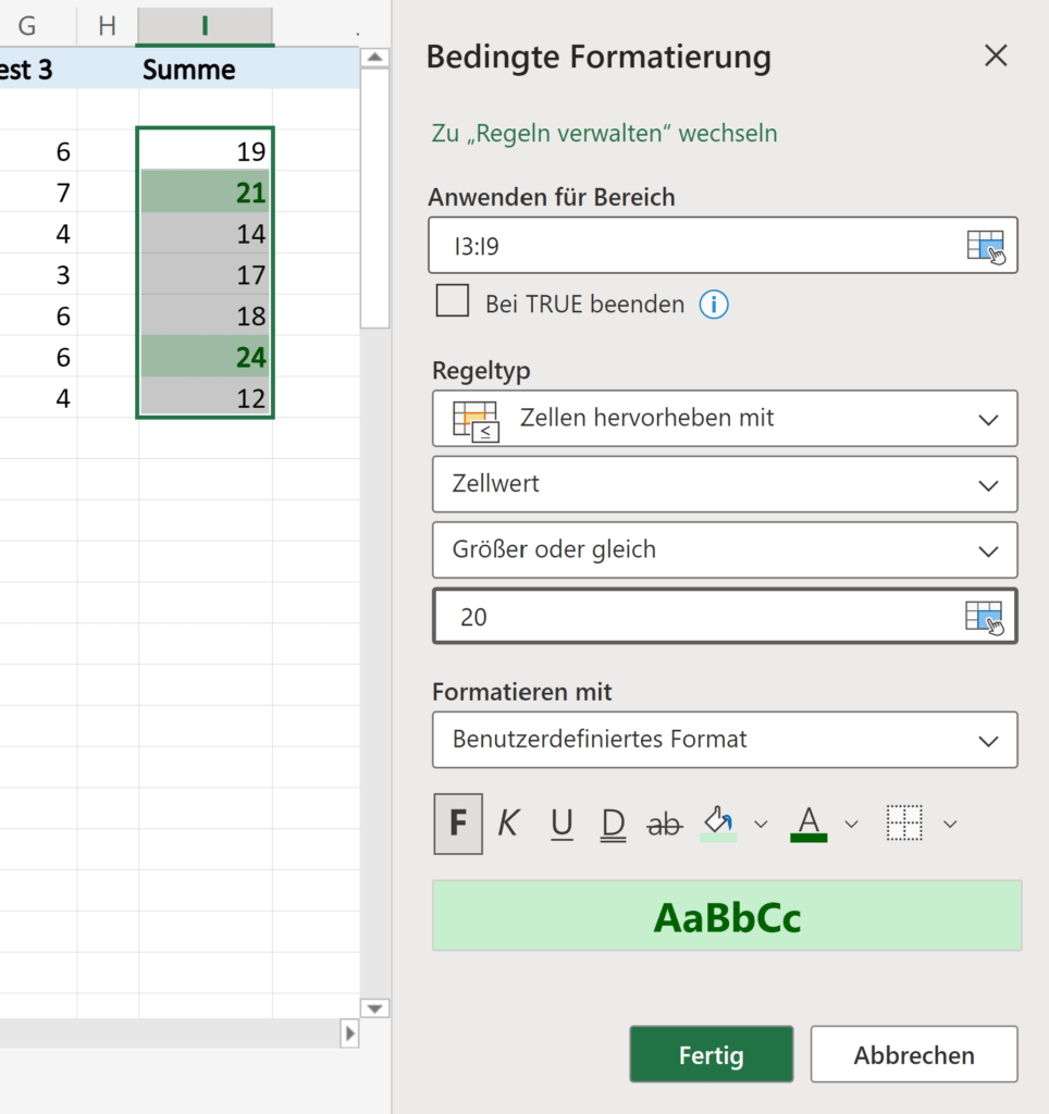 Parameter für die Bedingte Formatierung in Excel Online