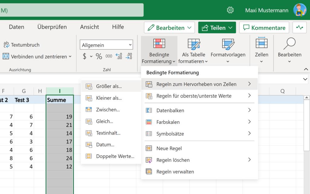 Bedingte Formatierung im Menü von Microsoft Excel