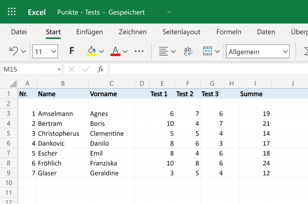 Punktetabelle in Excel Online