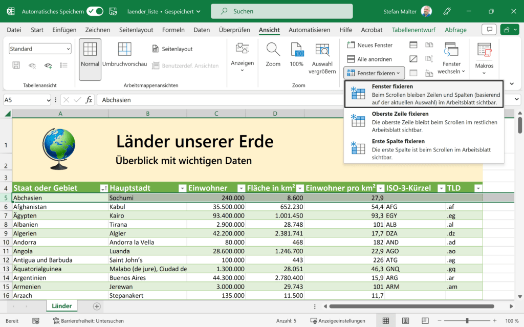 Mehrere Zeilen fixieren in Microsoft Excel