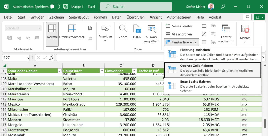 Oberste Zeile fixieren in Microsoft Excel