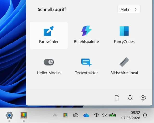 Schnellzugriff der PowerToys im Infobereich von Windows 11