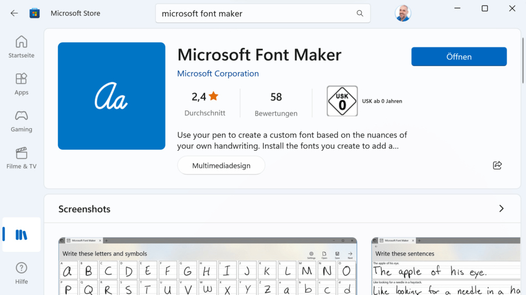 Microsoft Font Maker im Microsoft Store