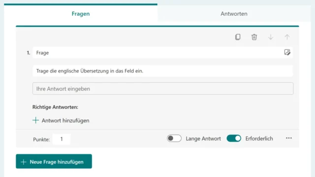Eigenschaften für Quiz-Frage festlegen