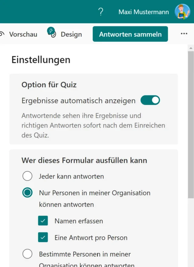 Einstellungen in Microsoft Forms
