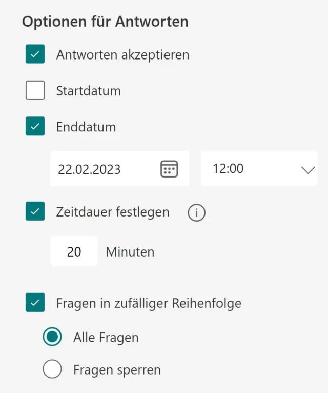 Optionen für Antworten in Microsoft Forms