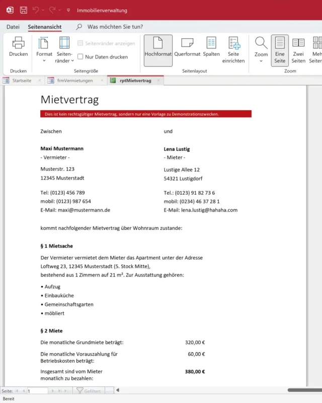 automatischer erstellter Mietvertrag in Access