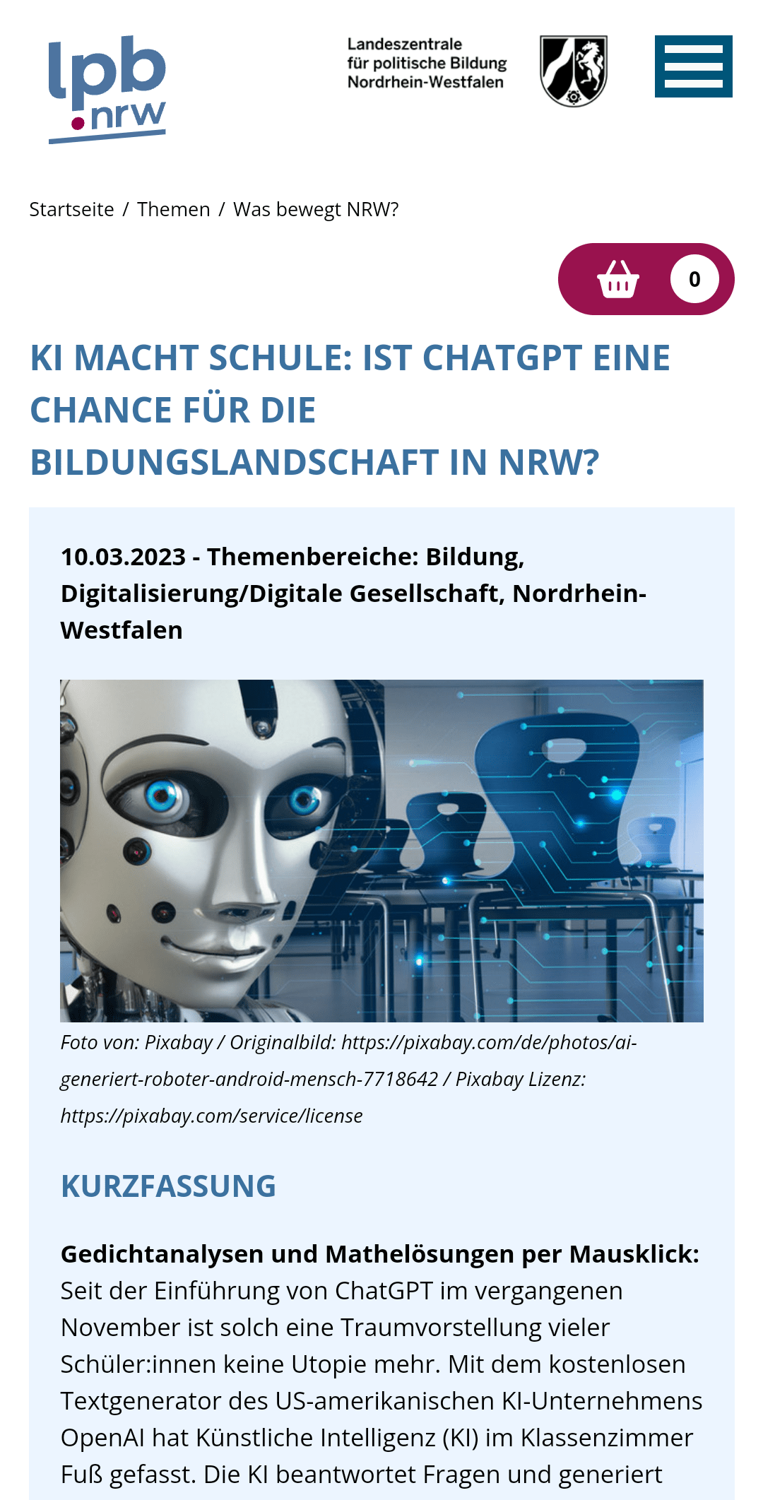 Roboter im Klassenzimmer, Landeszentrale für politische Bildung NRW
