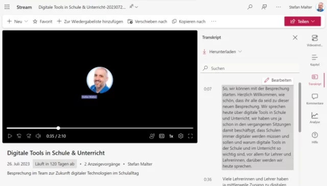 Transkript einer Online-Besprechung in Stream