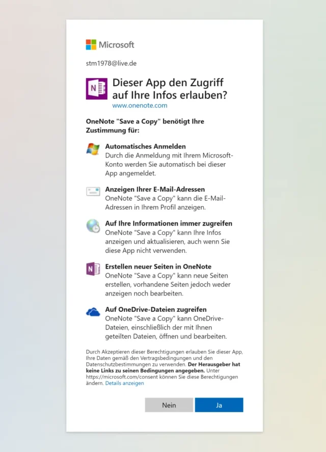 Zustimmung für "Save a copy" erteilen