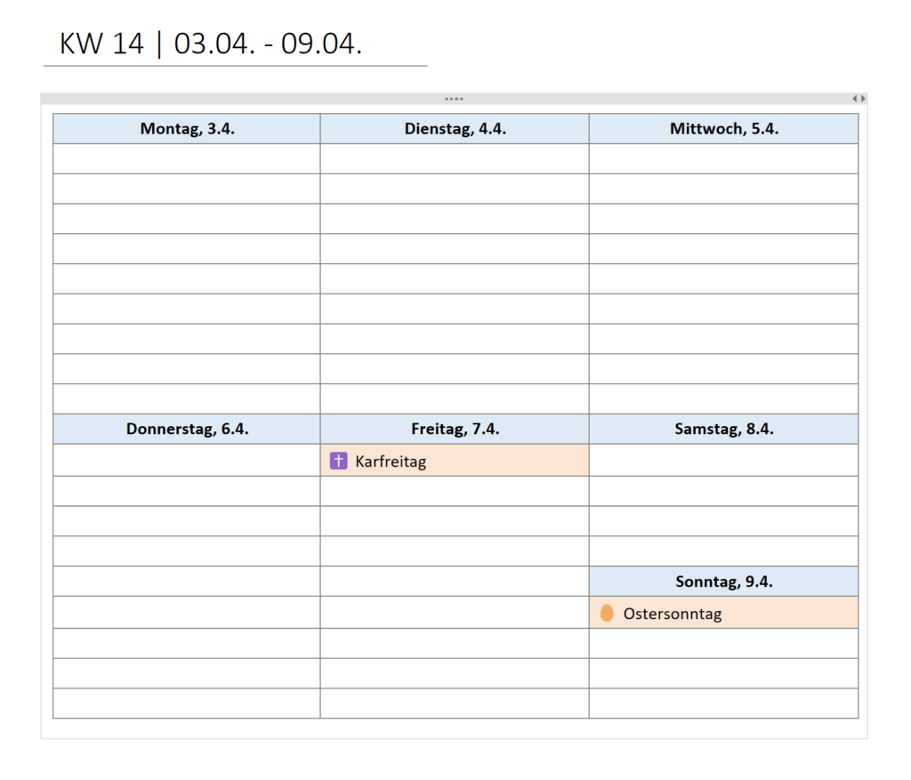 Tabelle für individuelle Kalenderseite