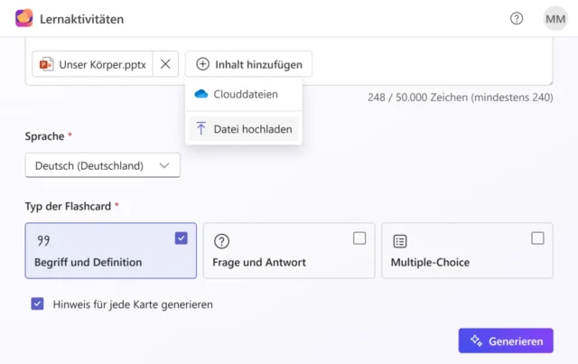 weitere Optionen für Flashcards