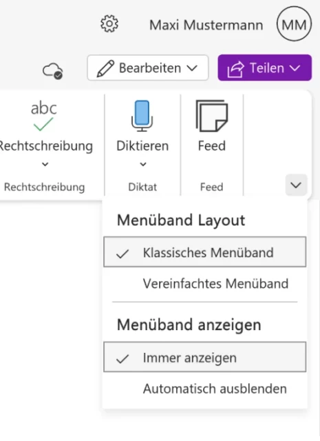 Menüband in Office Online wechseln