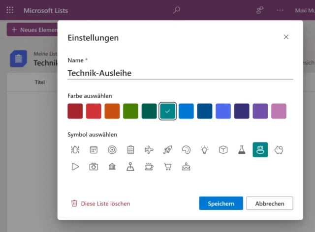Titel, Farbe und Icon für Liste festlegen