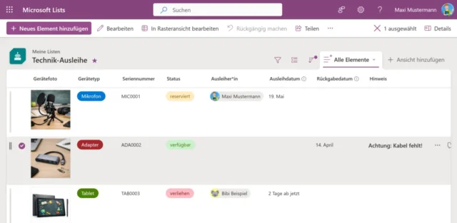 Liste mit Elementen in Microsoft Lists