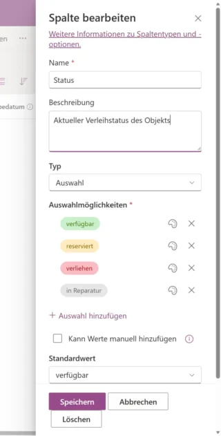 Spalte bearbeiten in Microsoft Lists