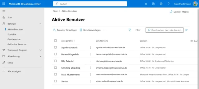 Aktive Benutzer im Admin Center von Microsoft 365