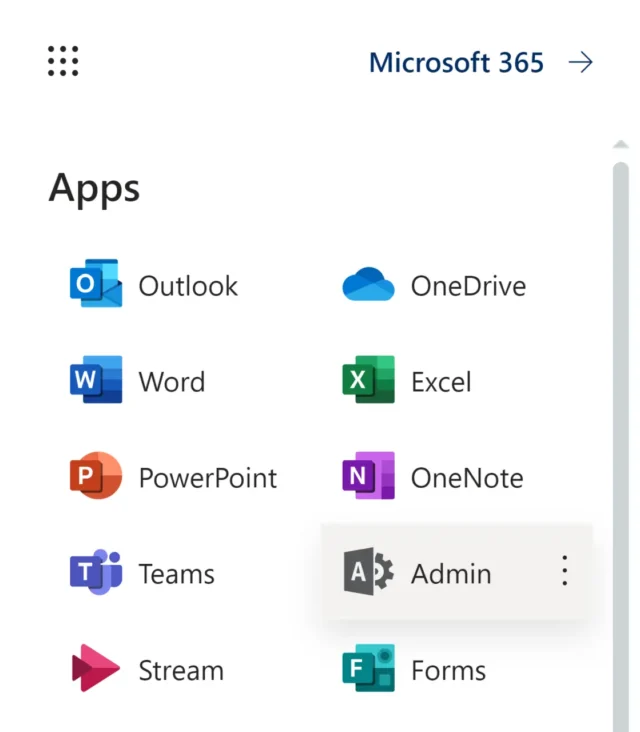 Admin Center im Menü von Microsoft 365