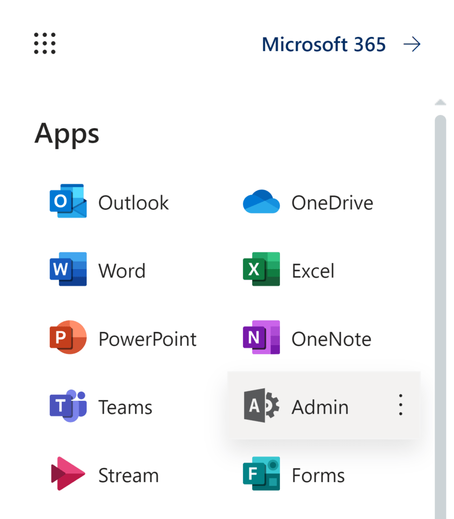 Admin Center im Menü von Microsoft 365