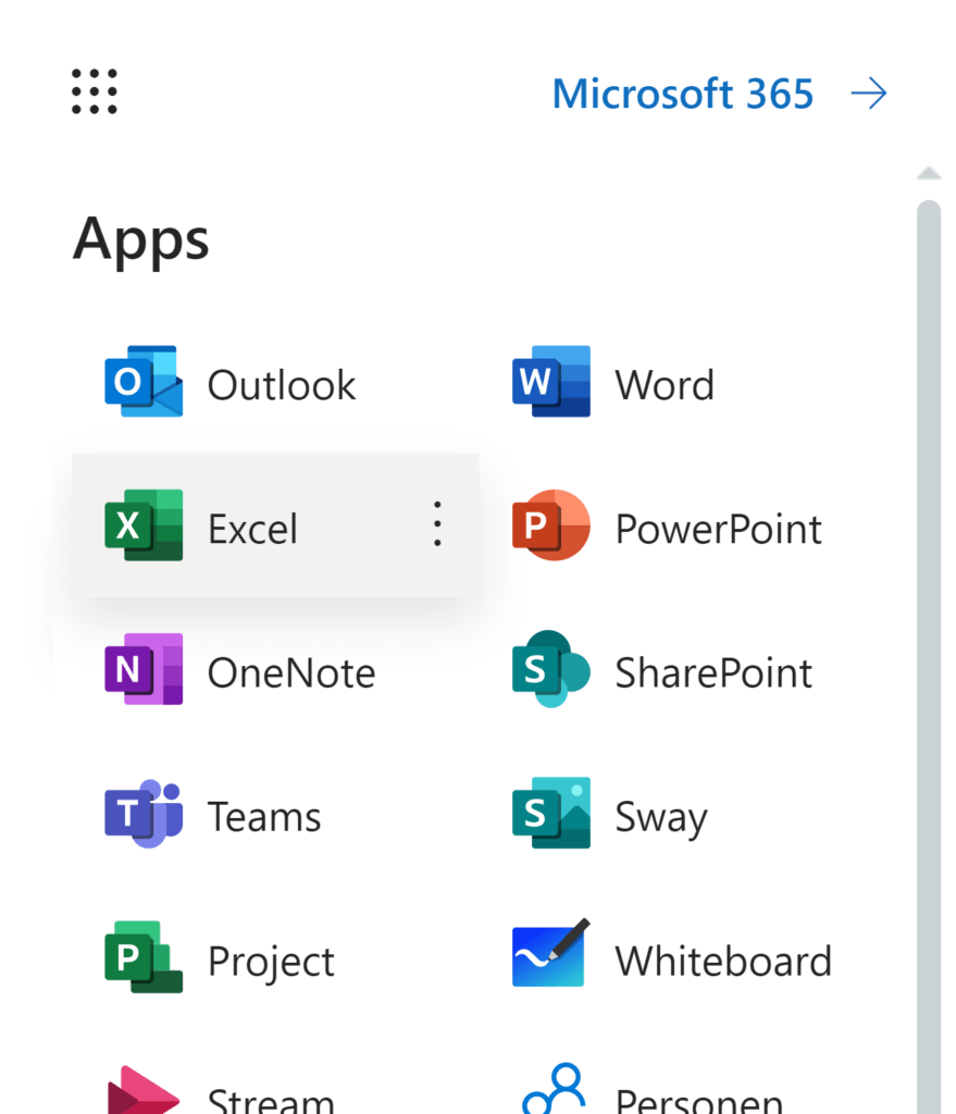 Office-Apps im Menü von Microsoft 365