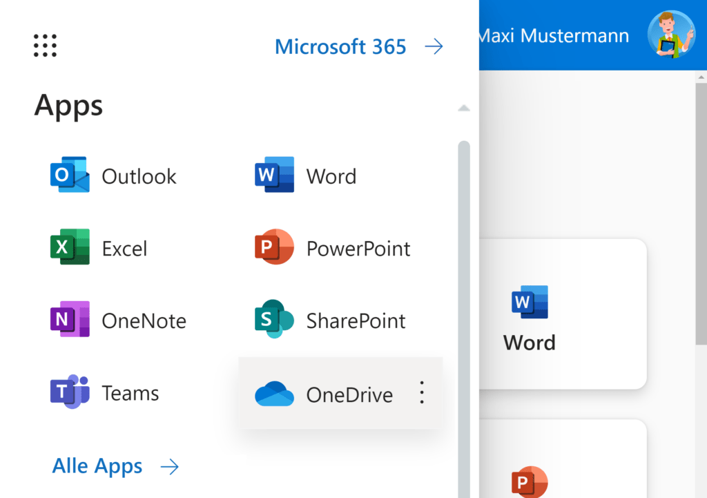 OneDrive im App-Menü von Microsoft 365
