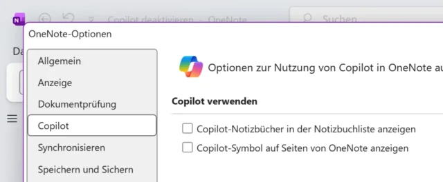 OneNote-Optionen für Copilot
