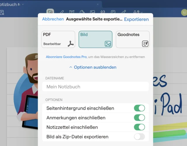 Optionen für Export aus Goodnotes