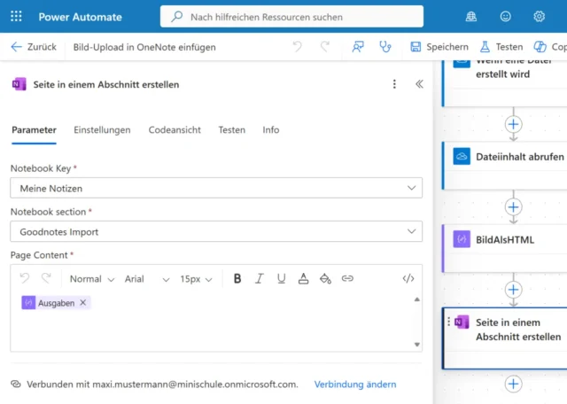 Aktion für OneNote im Flow